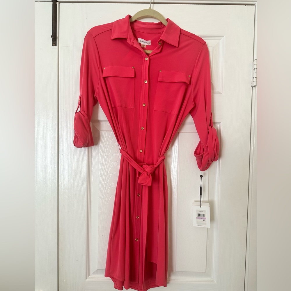 Calvin Klein, coral roll sleeve Coral Jersey belted shirt Dress size 6